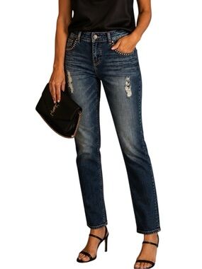 GUESS Daredevil Skinny Jeans 30 Studded Distressed Y2K Mid Rise Blue Denim